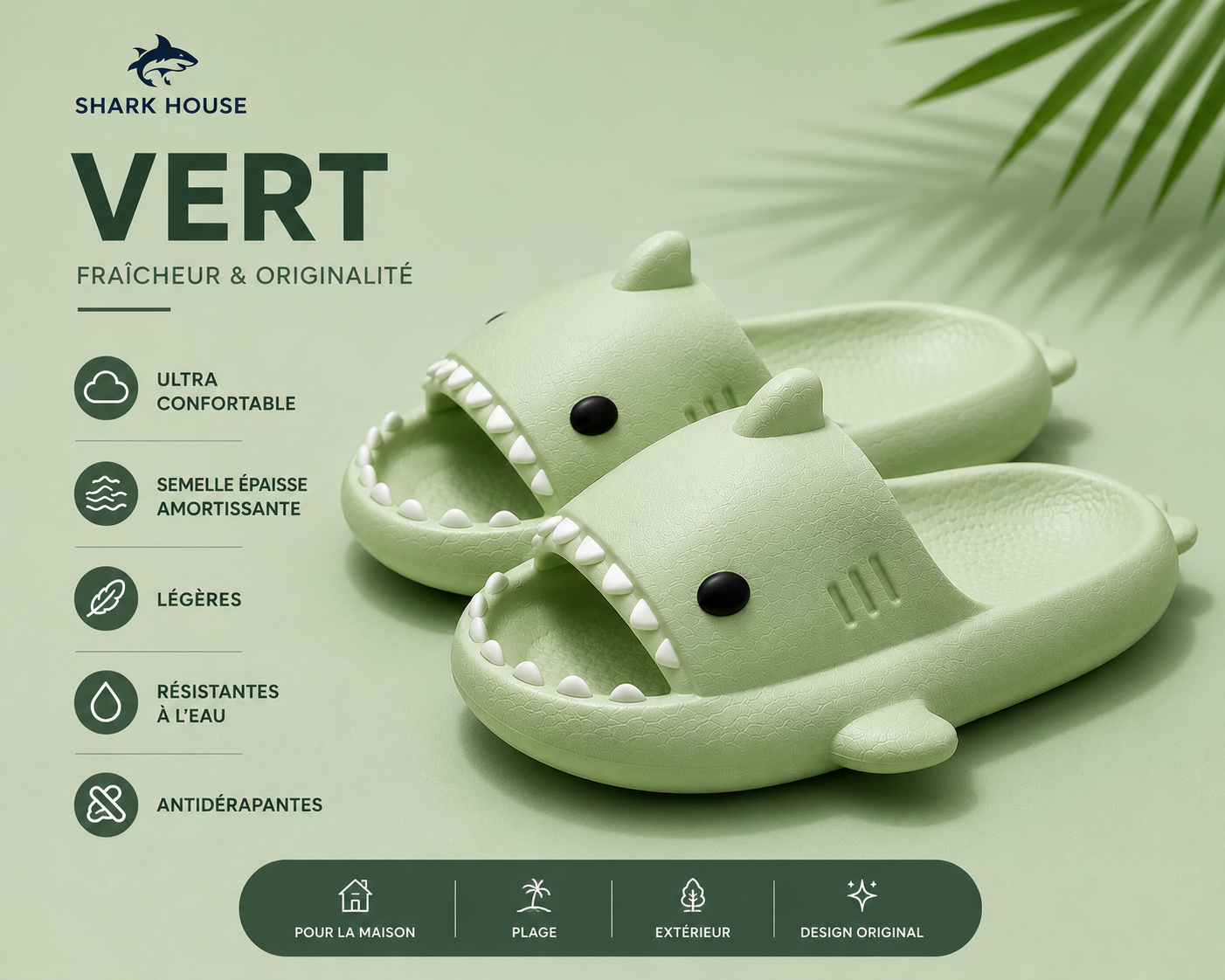claquettes requin shark house™ vert - Confort & Style